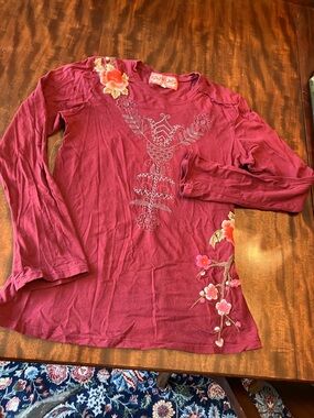 Johnny Was Wine Long-Sleeve Embroidered Floral Tee